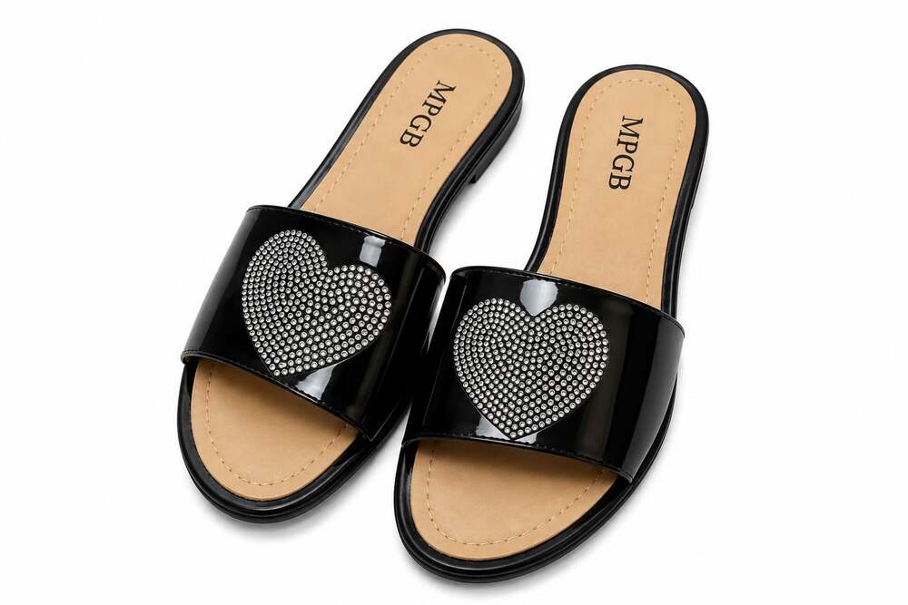 MPGB Black Slide Sandal with Rhinestone Heart